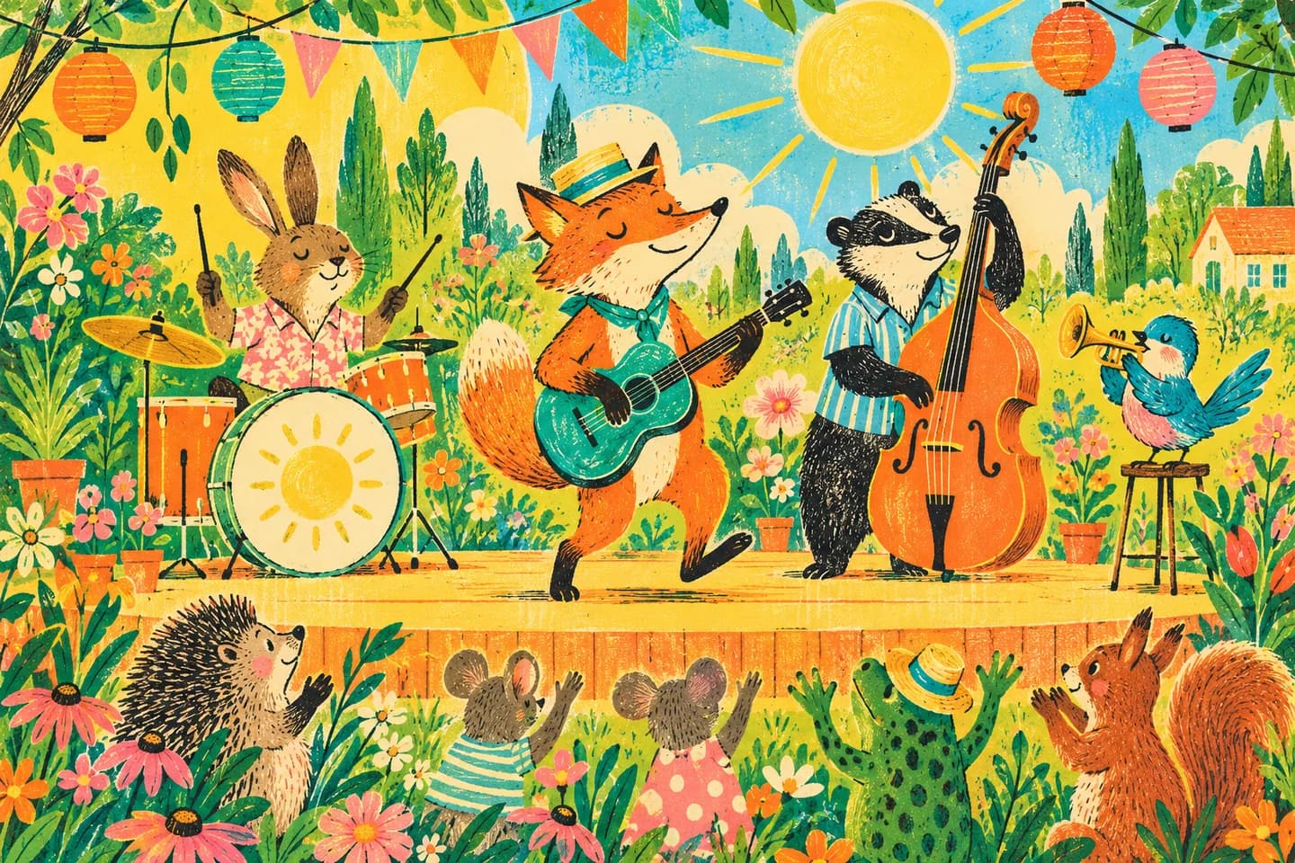 Bright illustration with playful characters 10